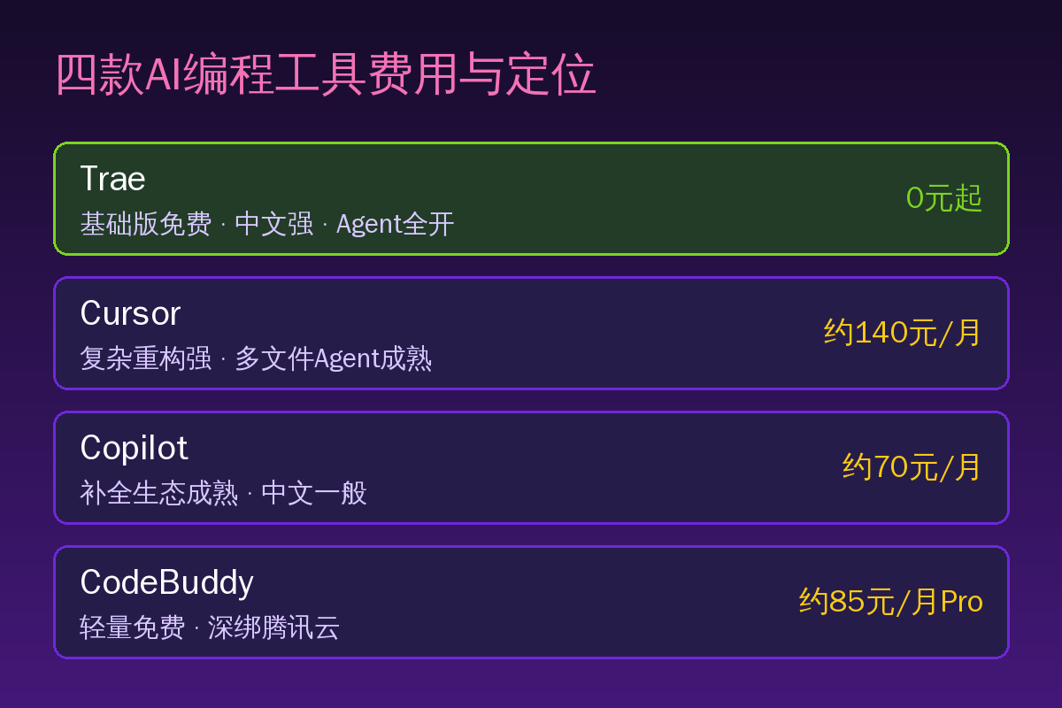 AI编程工具费用对比卡片