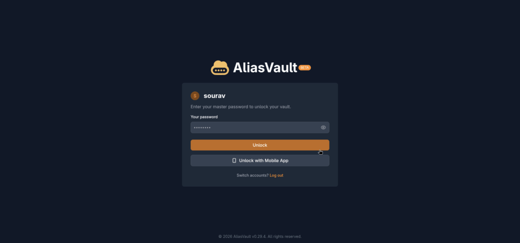 AliasVault登录界面